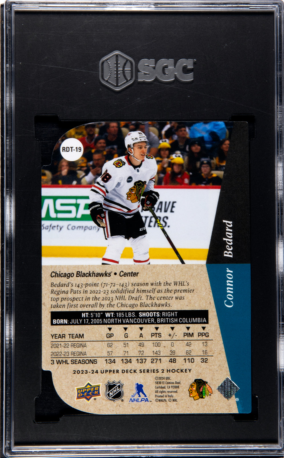 2023-24 Upper Deck Connor Bedard #RDT-19 '94-'95 Rookie Die Cuts SGC 9.5